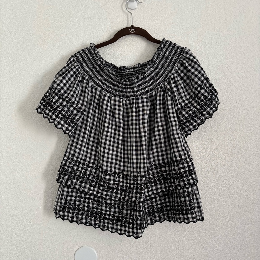 Bliss & Mischief Women's Size 2 Black & White Gingham Embroidered Top